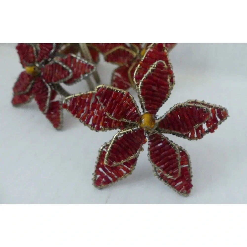 Red Bead Wire Wrapped Flower Napkin Rings Set‎ of 4 Layered Dimension Gold